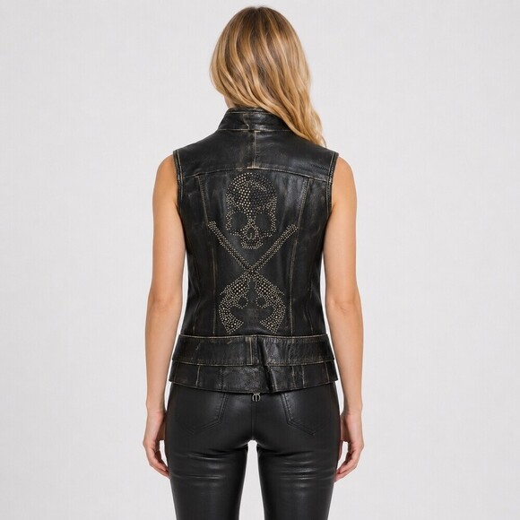 Donald J Pliner Jackets & Blazers - Donald J Pliner Women's XS Black Leather Studded Skull Moto Vest Made Italy